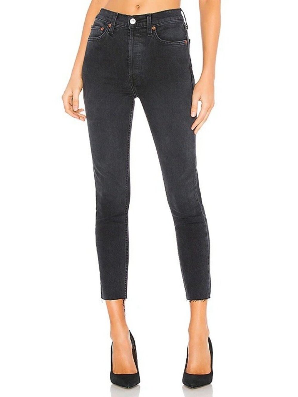 RE/DONE Originals High Rise Ankle Crop Jeans Black Button-Fly Frayed Hem Size 25